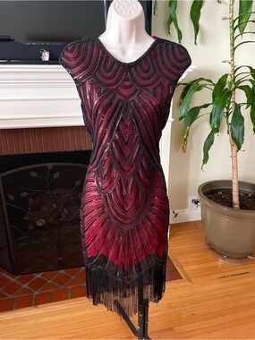 Red & Black Sequin Beaded Fringed Flapper Style Dress S